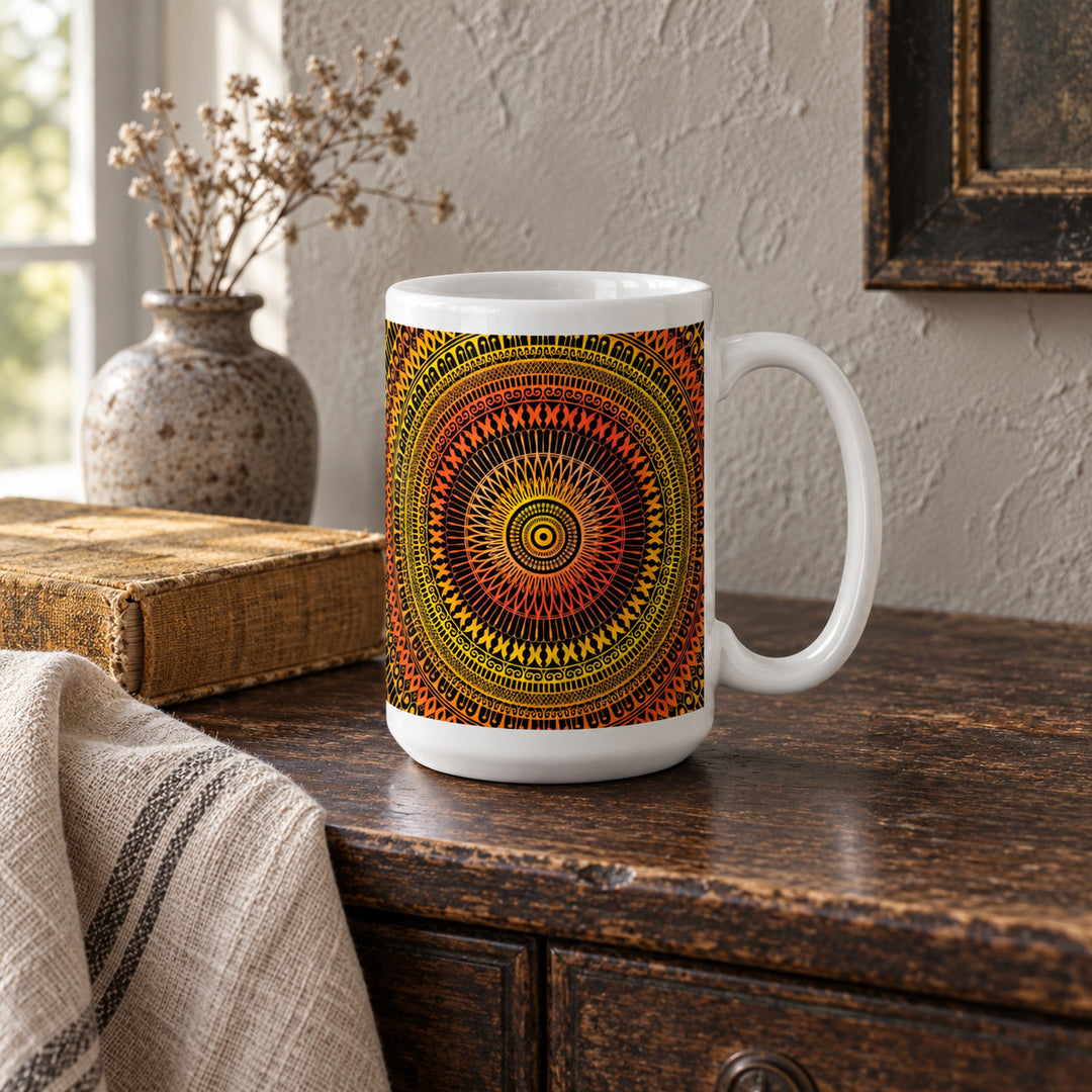 15 oz orange and yellow mandala mug in a vintage boho interior