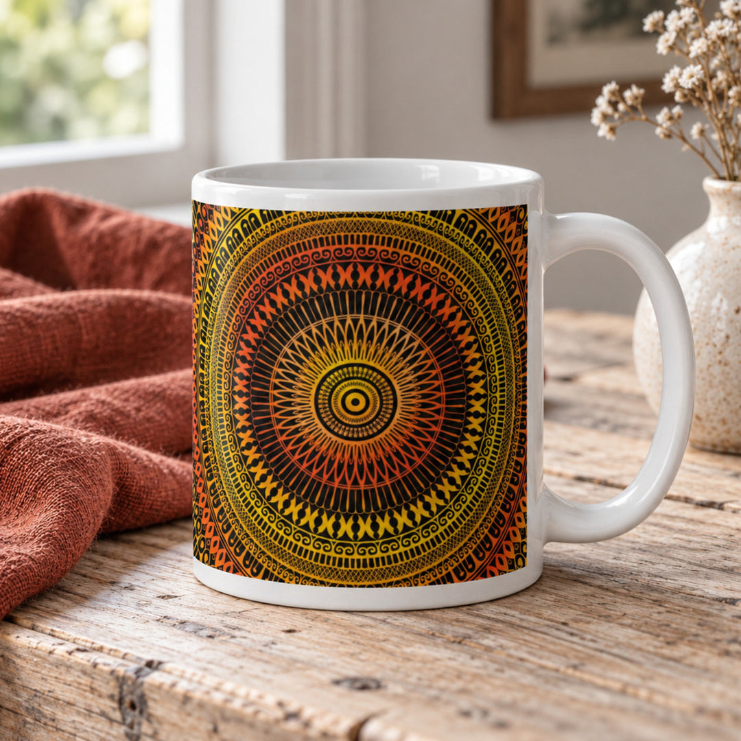 Close-up of orange and yellow mandala mug in a rustic boho setting