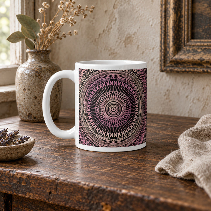 11 oz blush pink and beige mandala mug styled on a rustic vintage wooden table