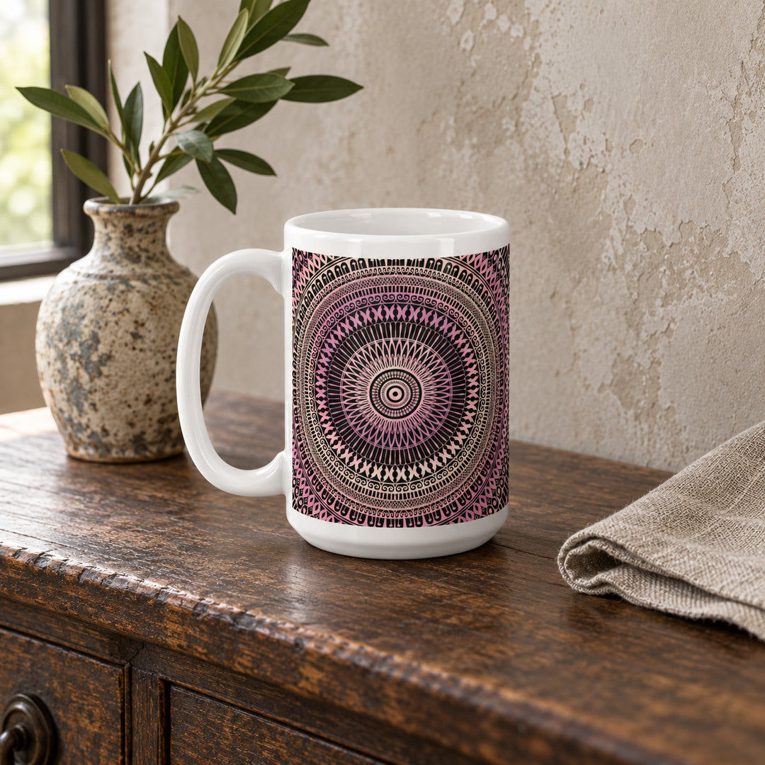 15 oz blush pink and beige mandala mug in a calm rustic boho interior