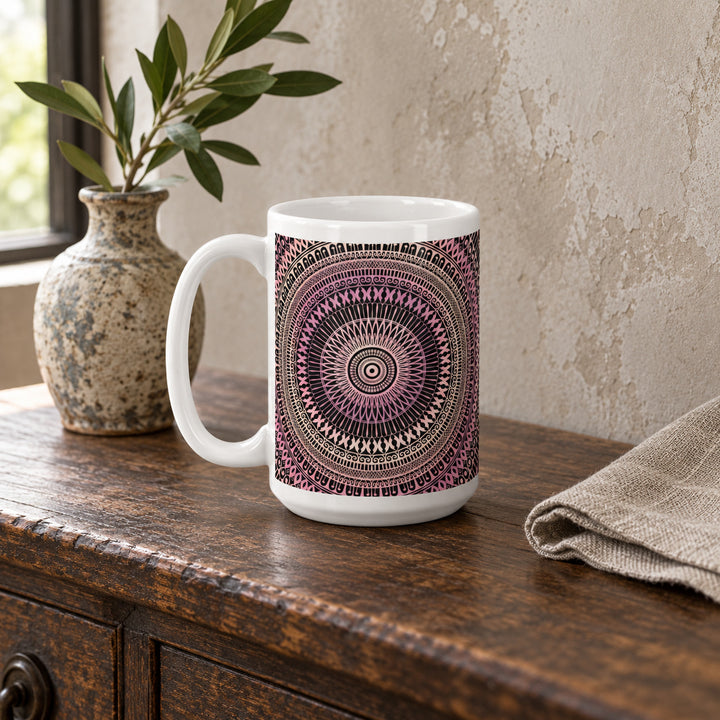 15 oz blush pink and beige mandala mug in a calm rustic boho interior