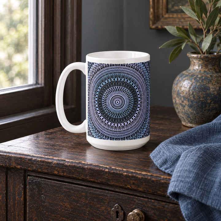 15 oz pale blue and soft pink mandala mug in a calm rustic boho interior