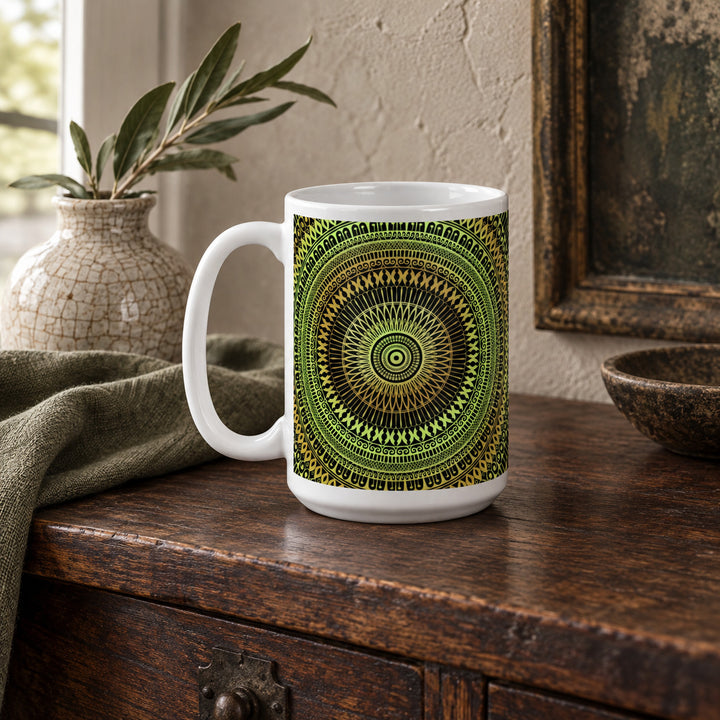 15 oz soft green and ochre mandala mug in a calm rustic boho interior