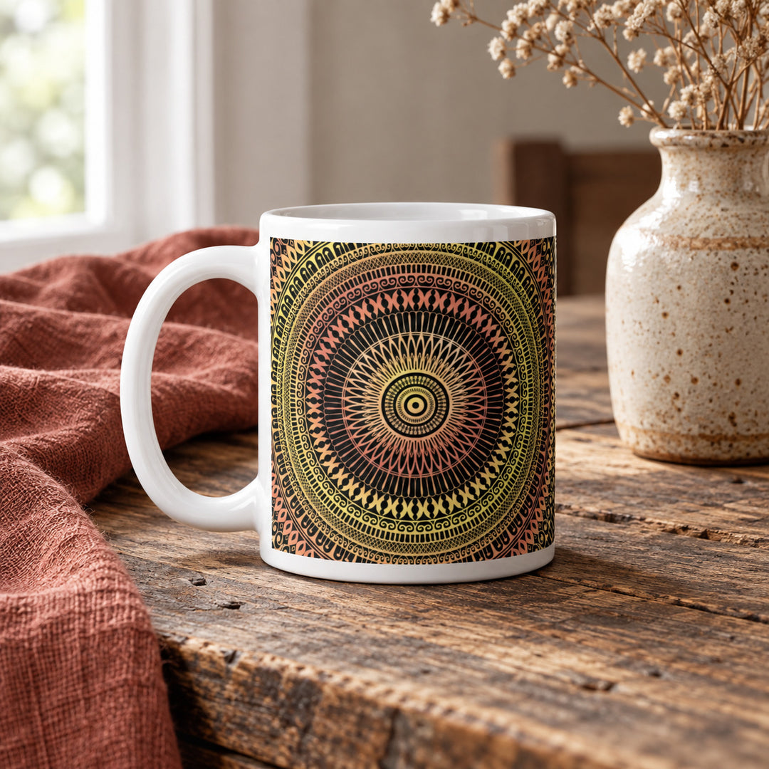 11 oz yellow and soft orange mandala mug styled on a rustic vintage wooden table