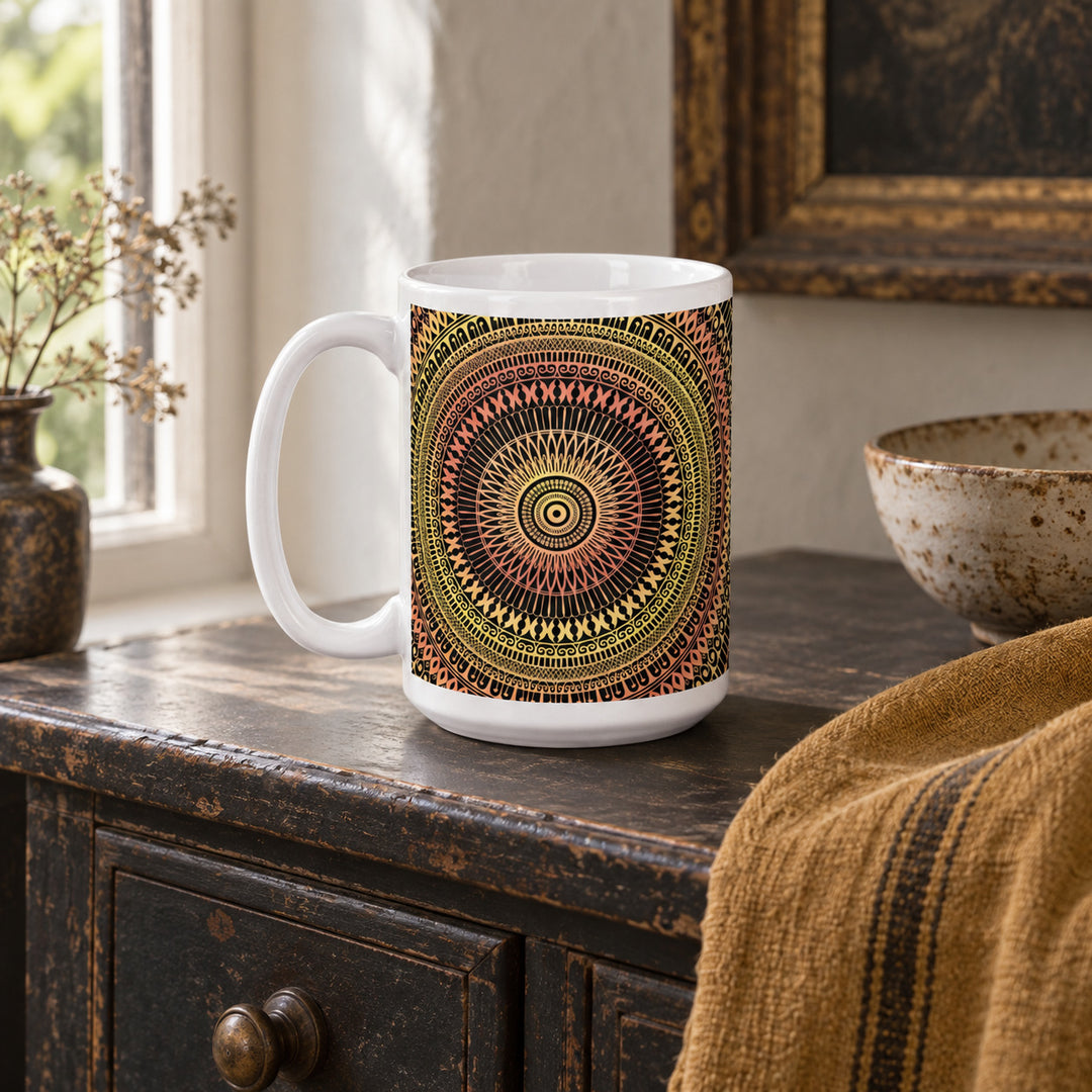 15 oz yellow and soft orange mandala mug in a calm rustic boho interior