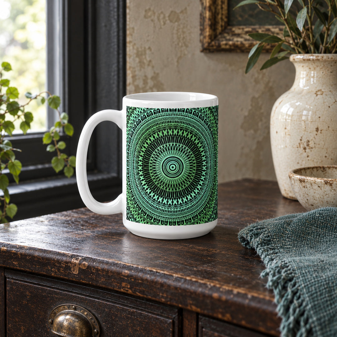 15 oz blue green decorative mandala mug in a calm rustic boho interior