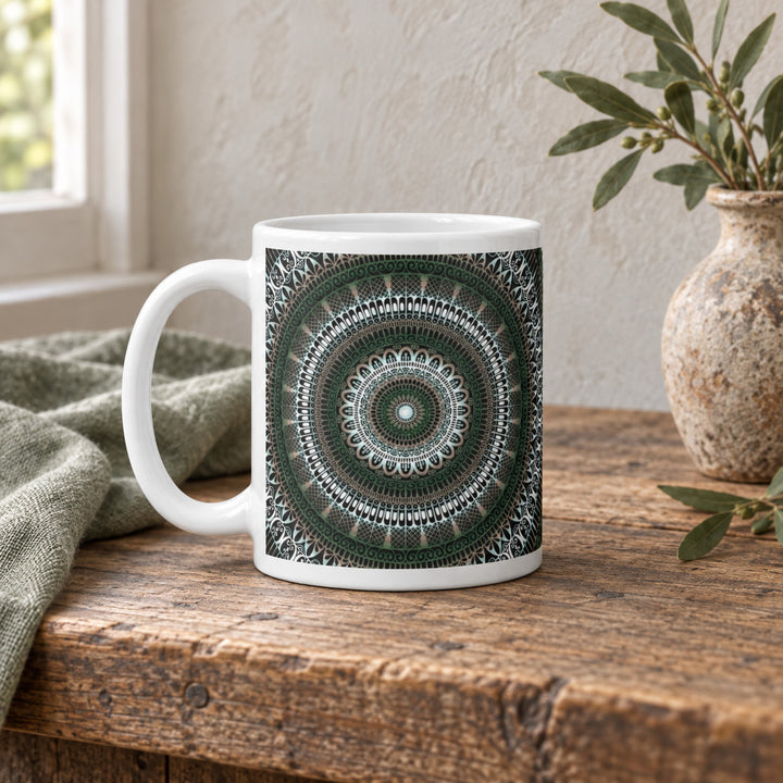 11 oz serene green mandala mug styled on a rustic vintage wooden table