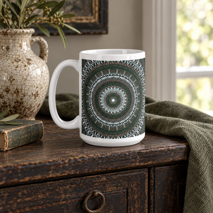 15 oz serene green mandala mug in a calm rustic boho interior