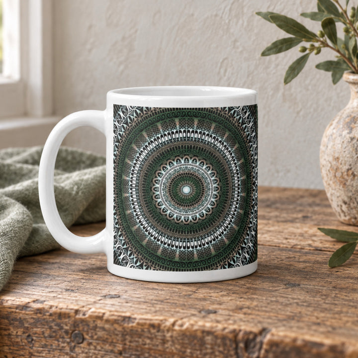 Close-up of serene green mandala mug in a rustic boho setting