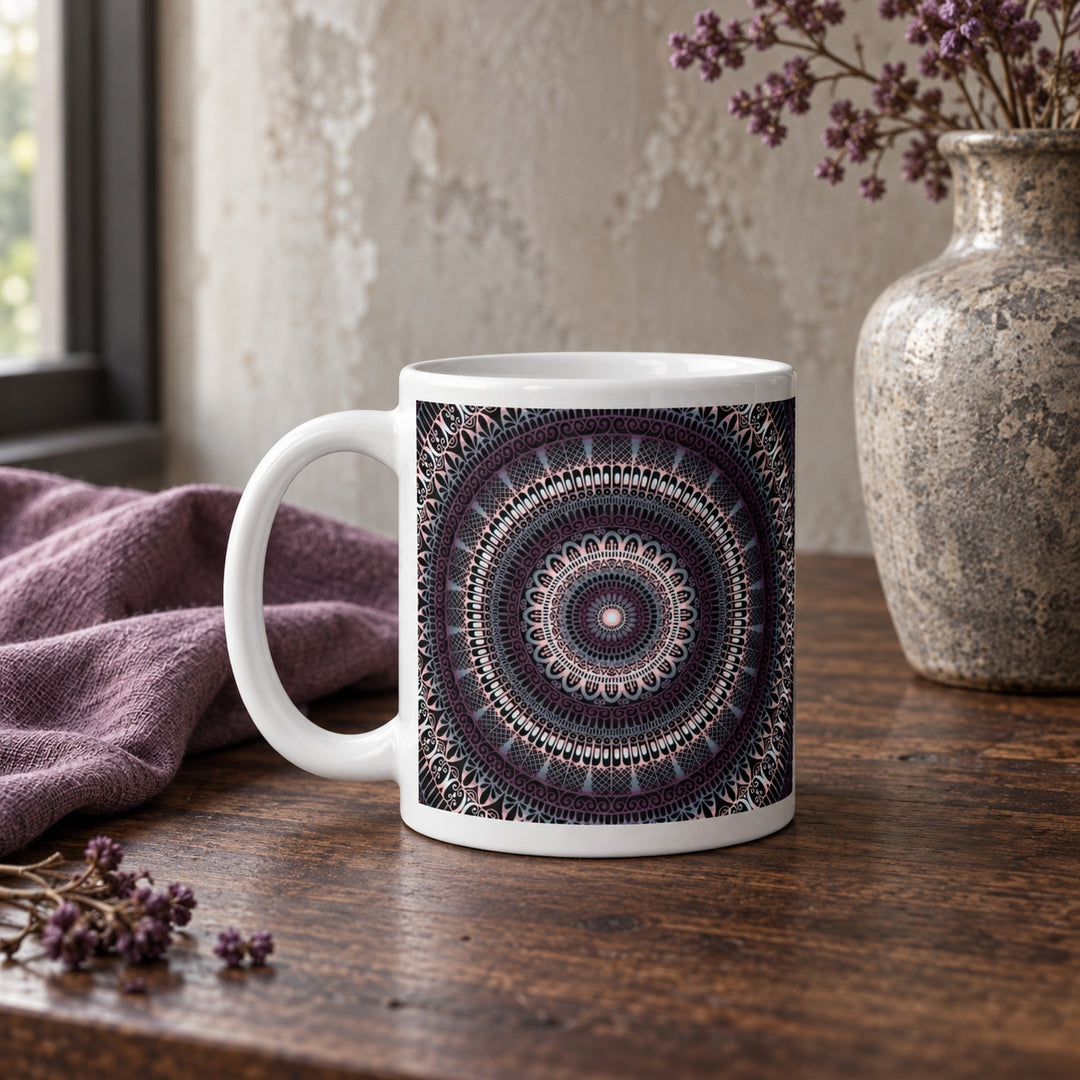 11 oz gray and dark purple mandala mug styled on a rustic vintage wooden table