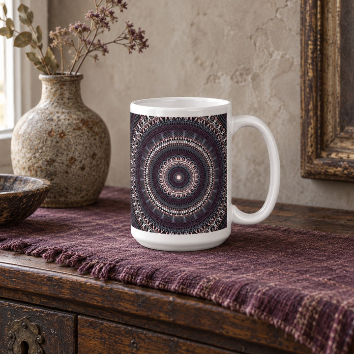 15 oz gray and dark purple mandala mug in a calm rustic boho interior