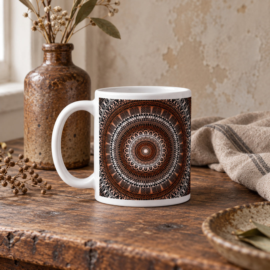 11 oz Brown Mug with Earthy Mandala Design styled in a rustic boho interior