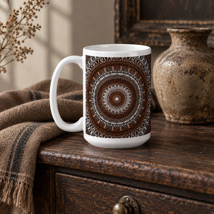 15 oz Brown Mug with Earthy Mandala Design styled in a rustic boho interior