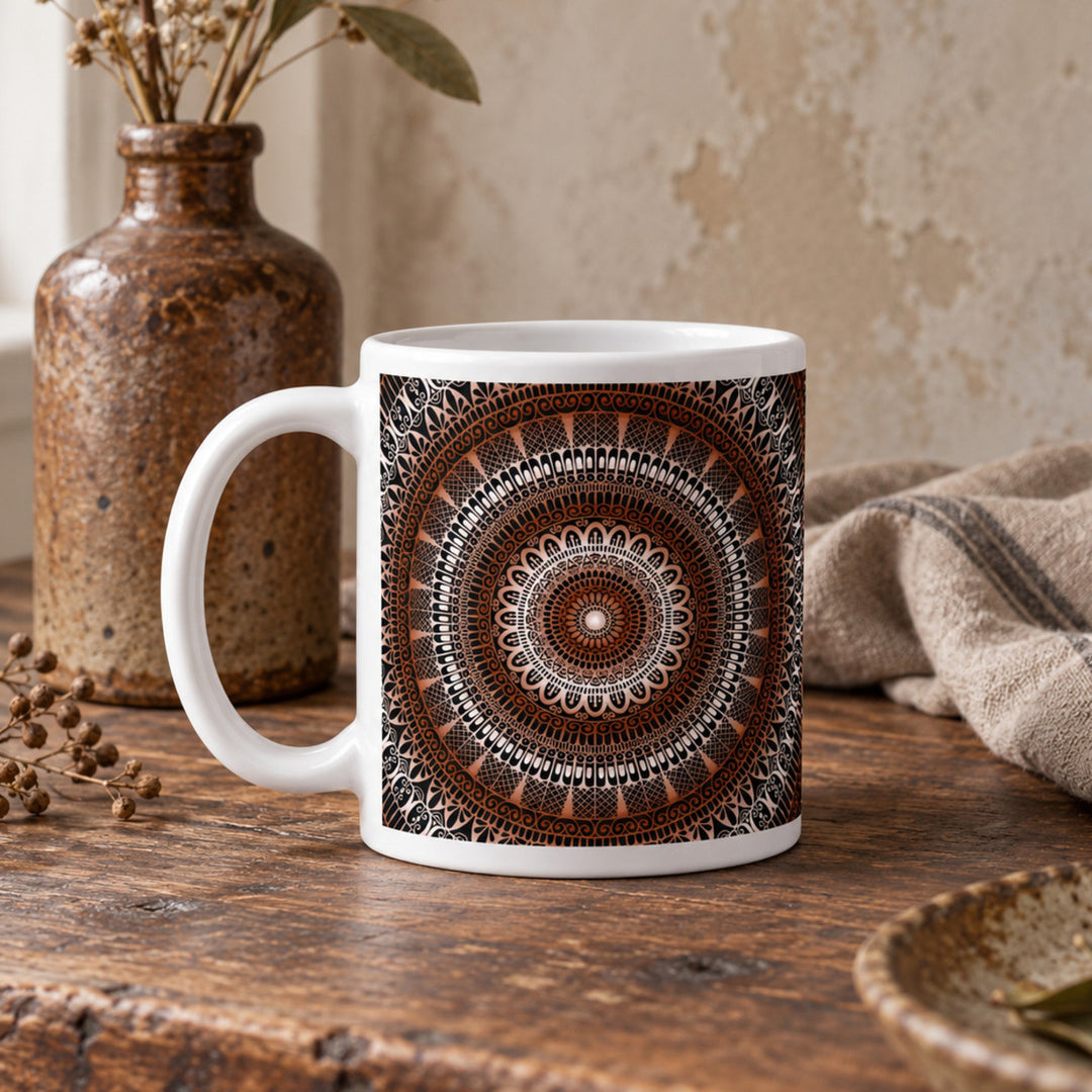 Close-up of Brown Mug with Earthy Mandala Design in a rustic vintage setting