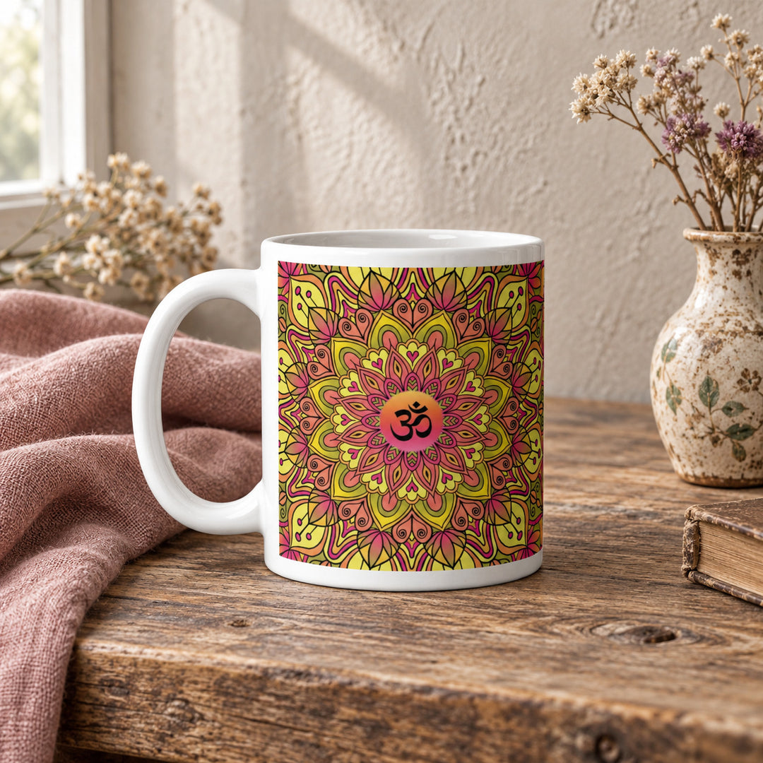 11 oz Om Mug with Yellow and Pink Mandala Design styled in a rustic boho interior