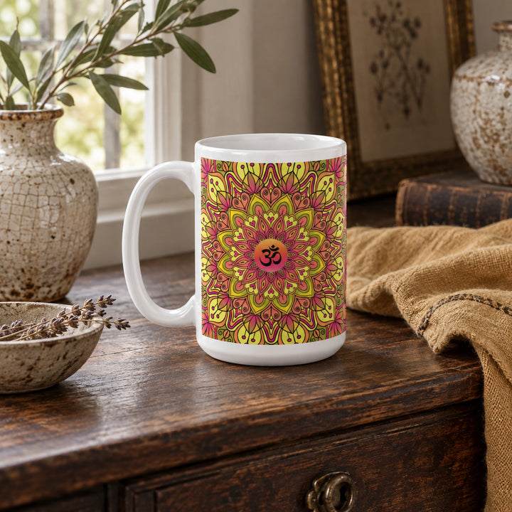 15 oz Om Mug with Yellow and Pink Mandala Design styled in a rustic boho interior