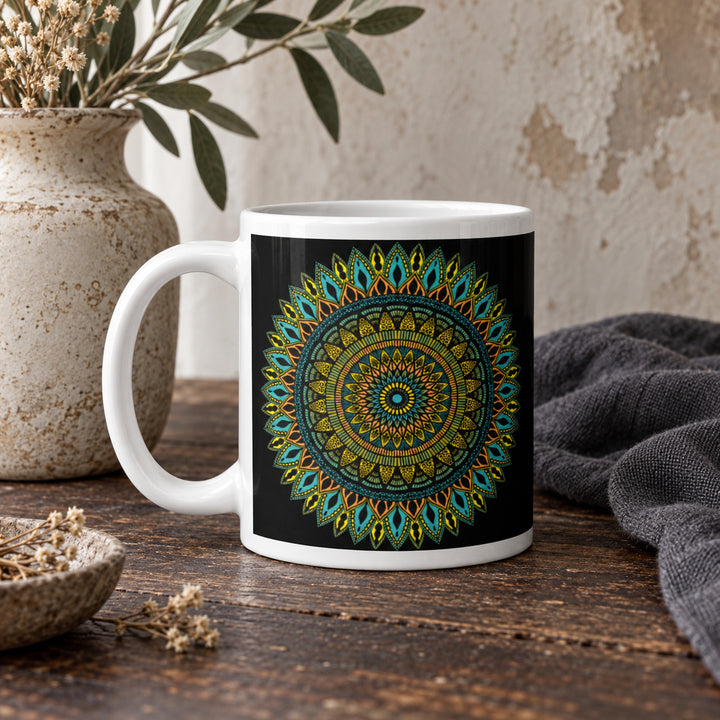 11 oz Black Mug with Intricate Mandala Design styled in a rustic boho interior