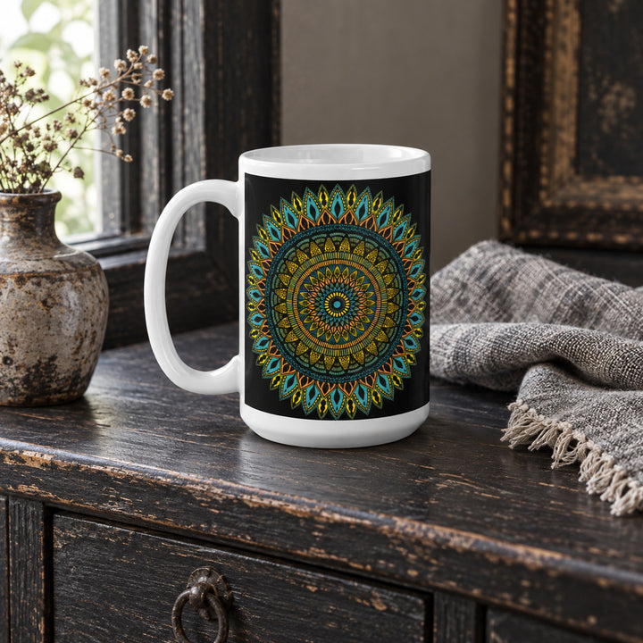 15 oz Black Mug with Intricate Mandala Design styled in a rustic boho interior