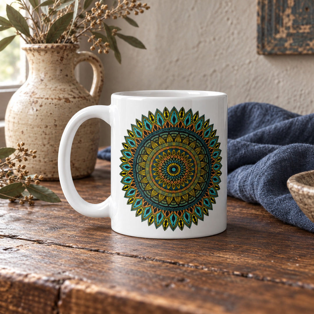 11 oz Boho Coffee Mug with Colorful Mandala Design styled in a rustic boho interior