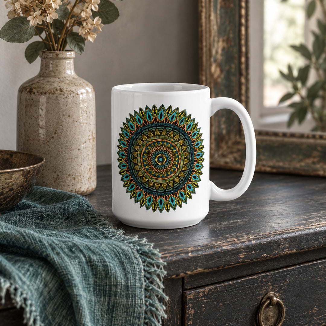 15 oz Boho Coffee Mug with Colorful Mandala Design styled in a rustic boho interior