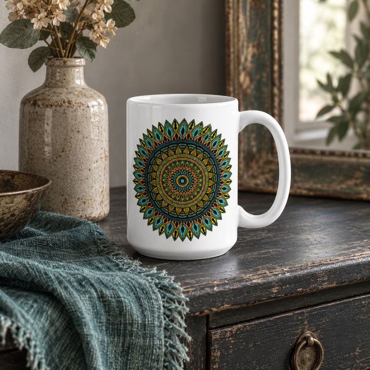 15 oz Boho Coffee Mug with Colorful Mandala Design styled in a rustic boho interior
