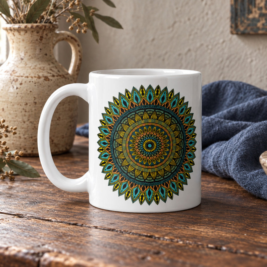 Close-up of Boho Coffee Mug with Colorful Mandala Design in a rustic vintage setting