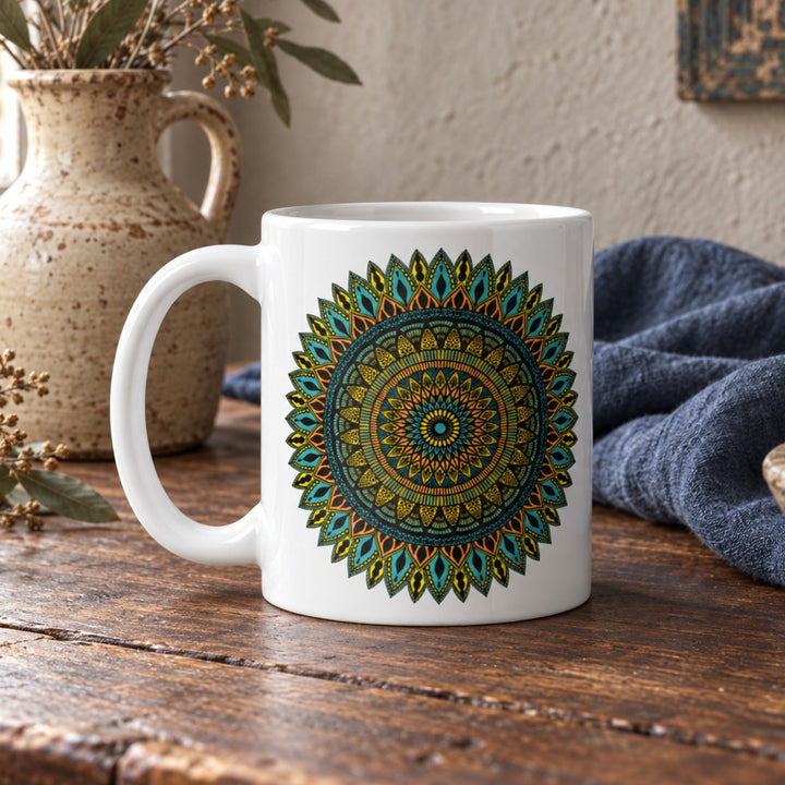 Close-up of Boho Coffee Mug with Colorful Mandala Design in a rustic vintage setting