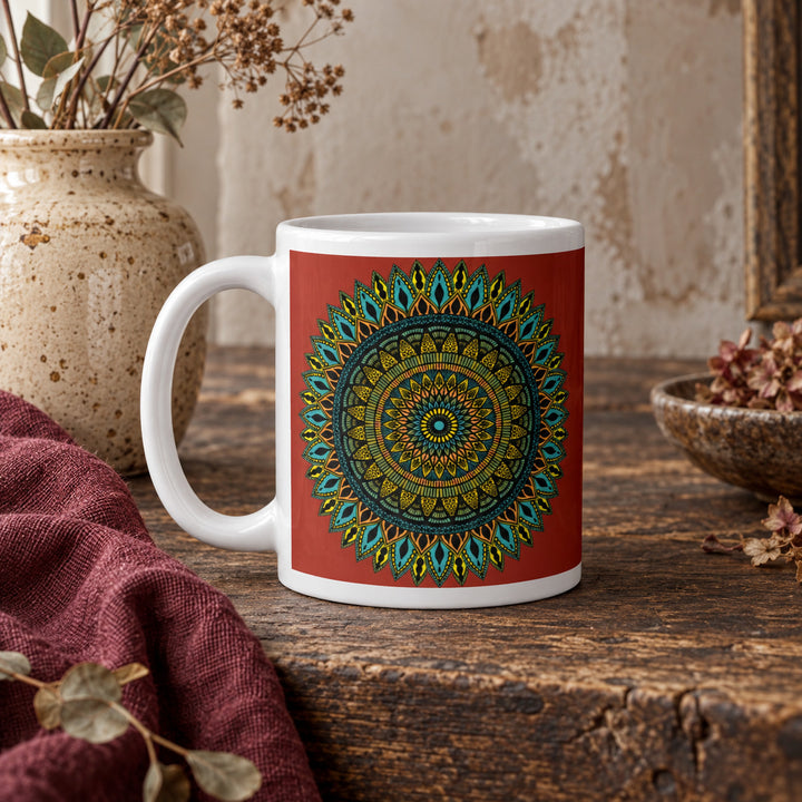 11 oz Red Mug with Carmine Mandala Design styled in a rustic boho interior