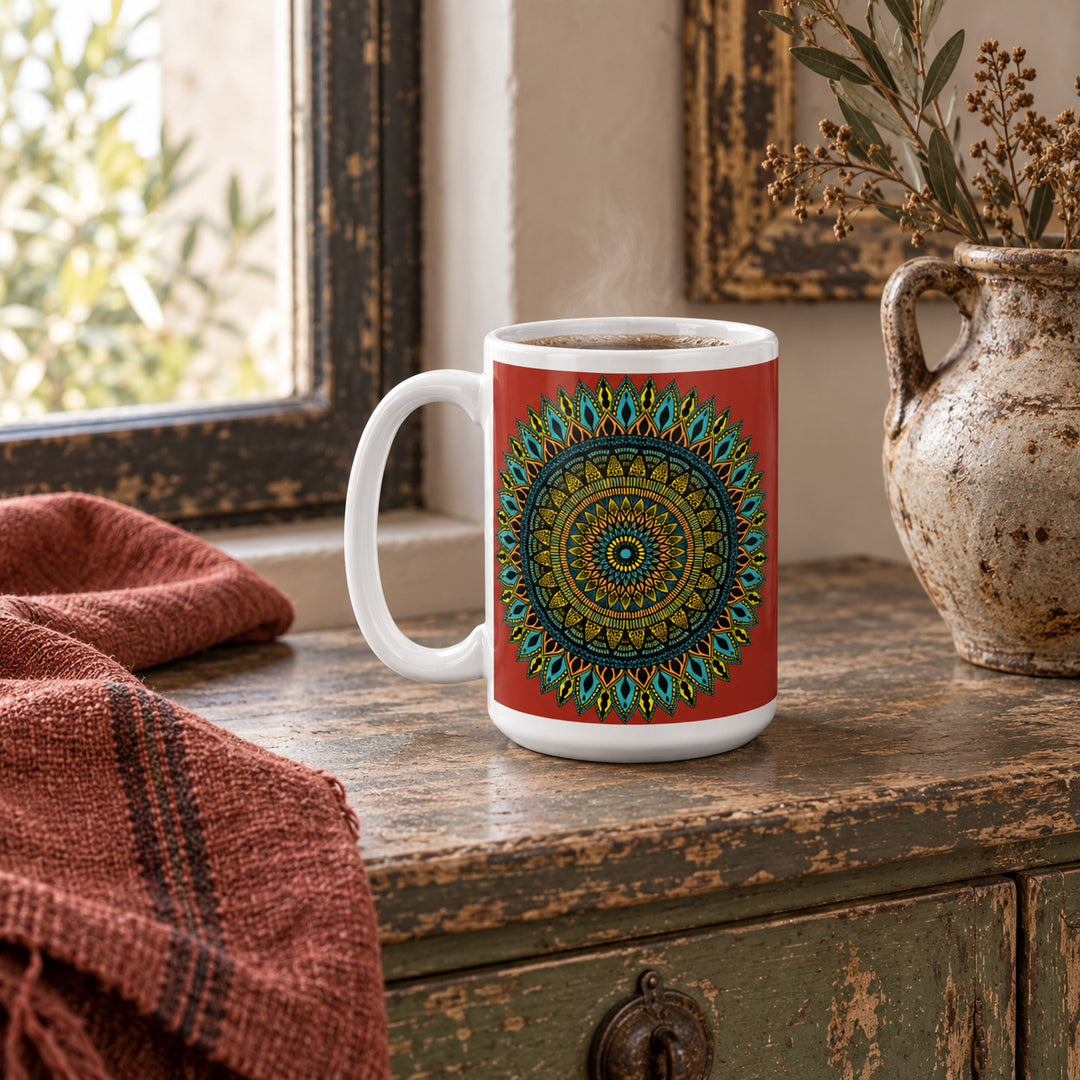 15 oz Red Mug with Carmine Mandala Design styled in a rustic boho interior