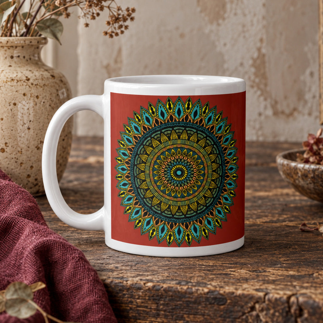 Close-up of Red Mug with Carmine Mandala Design in a rustic vintage setting