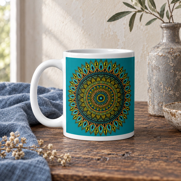 11 oz Blue Mug with Southwestern Inspired Mandala styled in a rustic boho interior