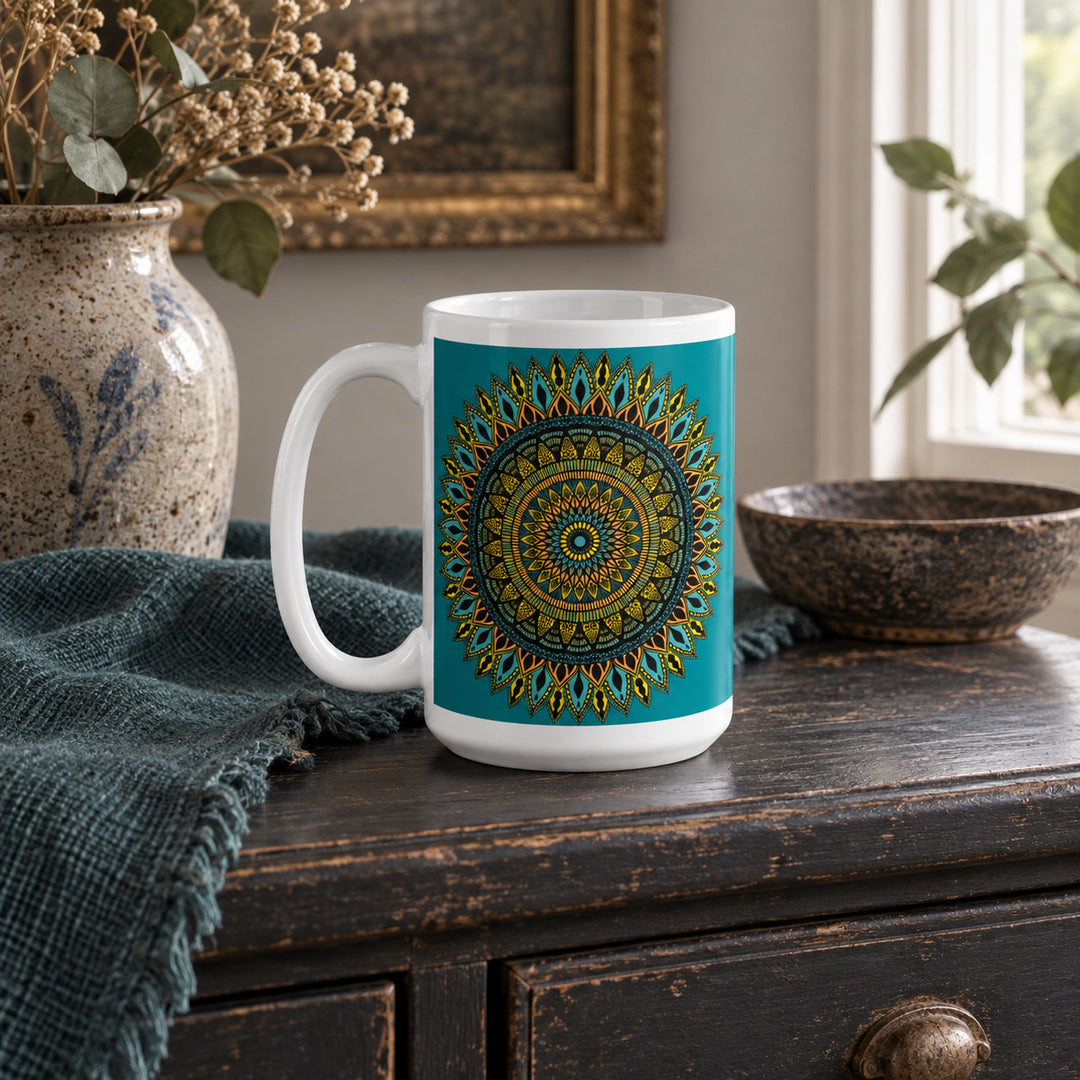 15 oz Blue Mug with Southwestern Inspired Mandala styled in a rustic boho interior