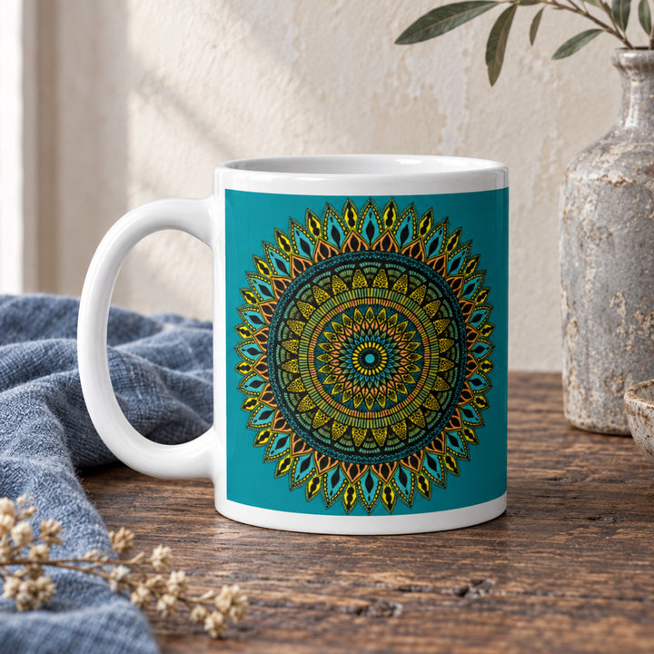 Close-up of Blue Mug with Southwestern Inspired Mandala in a rustic vintage setting