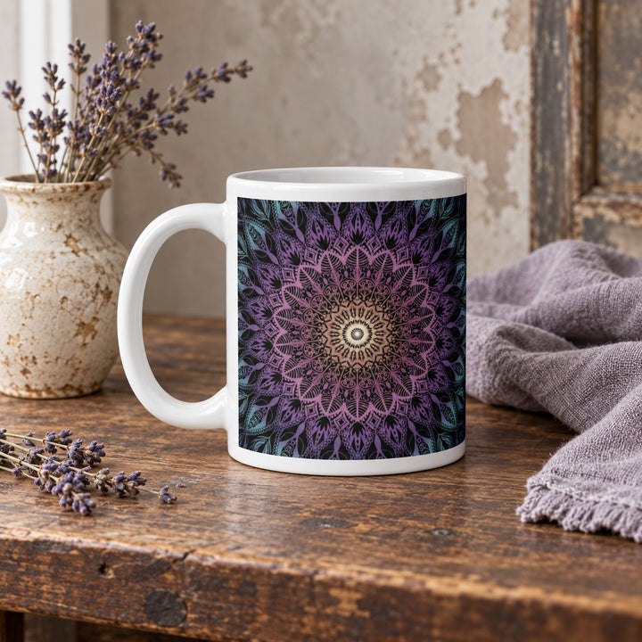 11 oz Pastel Mug with Purple Pink and Blue Mandala styled in a rustic boho interior