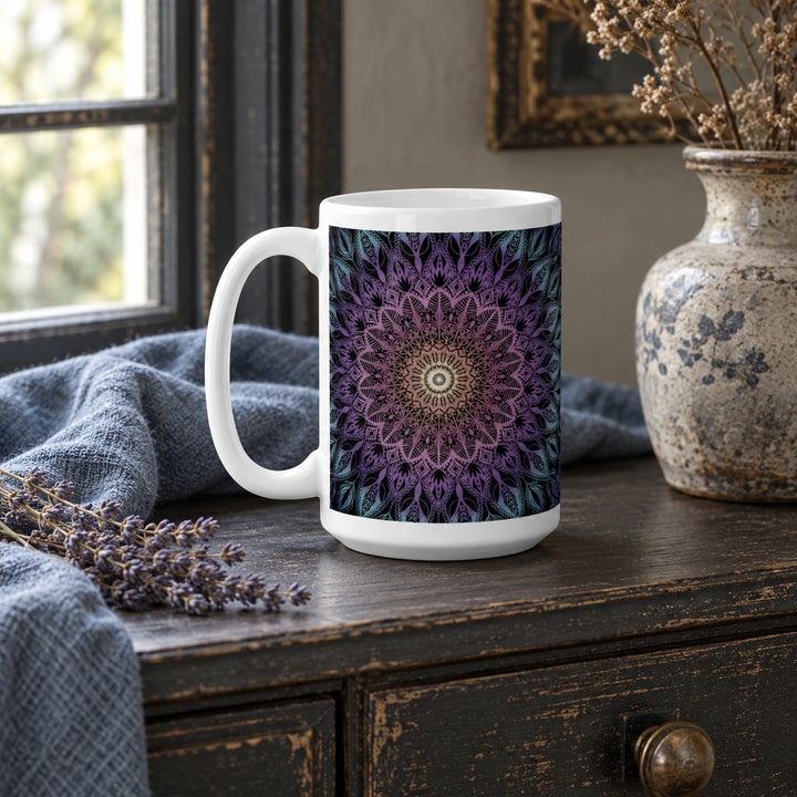 15 oz Pastel Mug with Purple Pink and Blue Mandala styled in a rustic boho interior