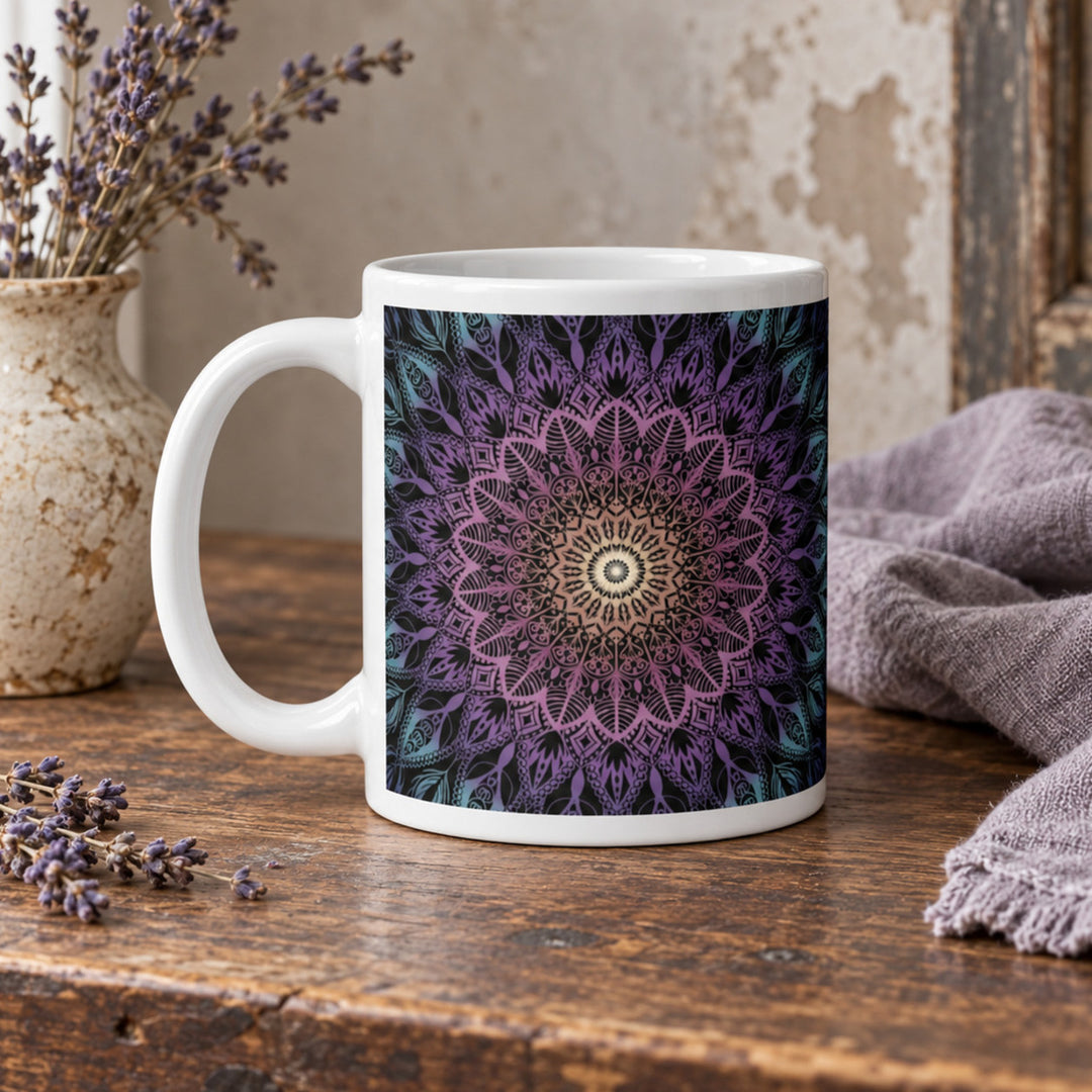 Close-up of Pastel Mug with Purple Pink and Blue Mandala in a rustic vintage setting