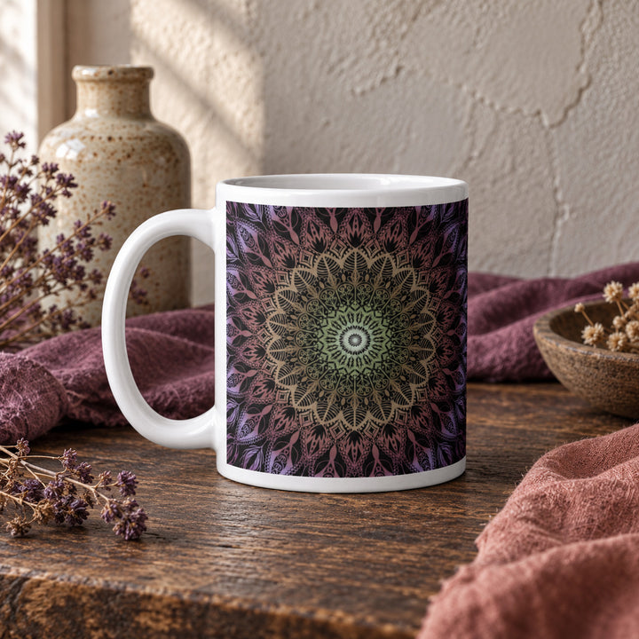 11 oz Purple Mug with Salmon and Yellow Mandala Design styled in a rustic boho interior