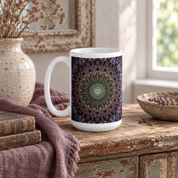 15 oz Purple Mug with Salmon and Yellow Mandala Design styled in a rustic boho interior