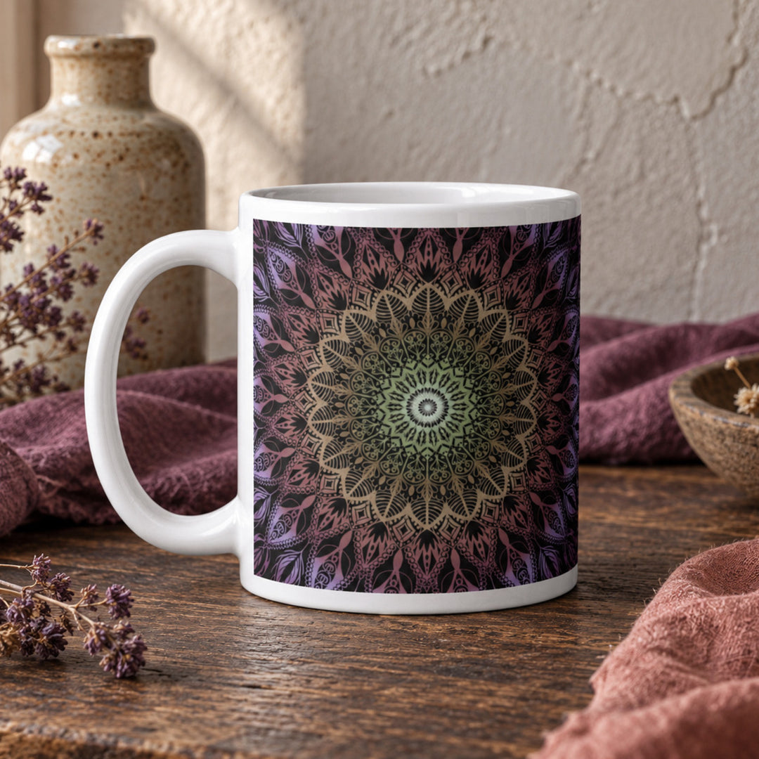 Close-up of Purple Mug with Salmon and Yellow Mandala Design in a rustic vintage setting