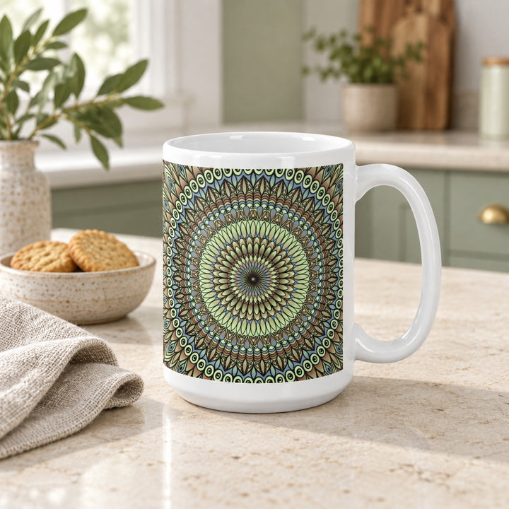 15 oz white ceramic mug with lavender, green and brown floral mandala on a stone kitchen counter beside biscuits.