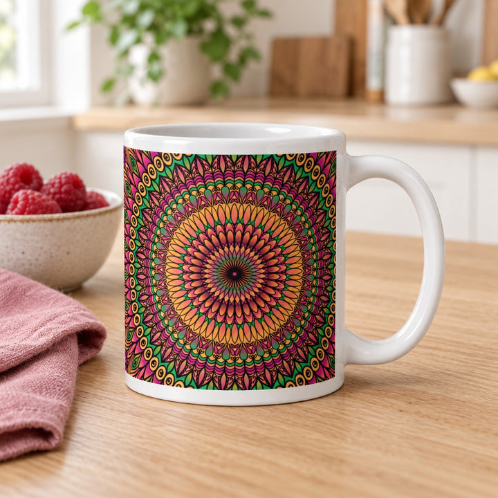 11 oz white ceramic mug with orange, pink and green floral mandala on a breakfast table beside raspberries.