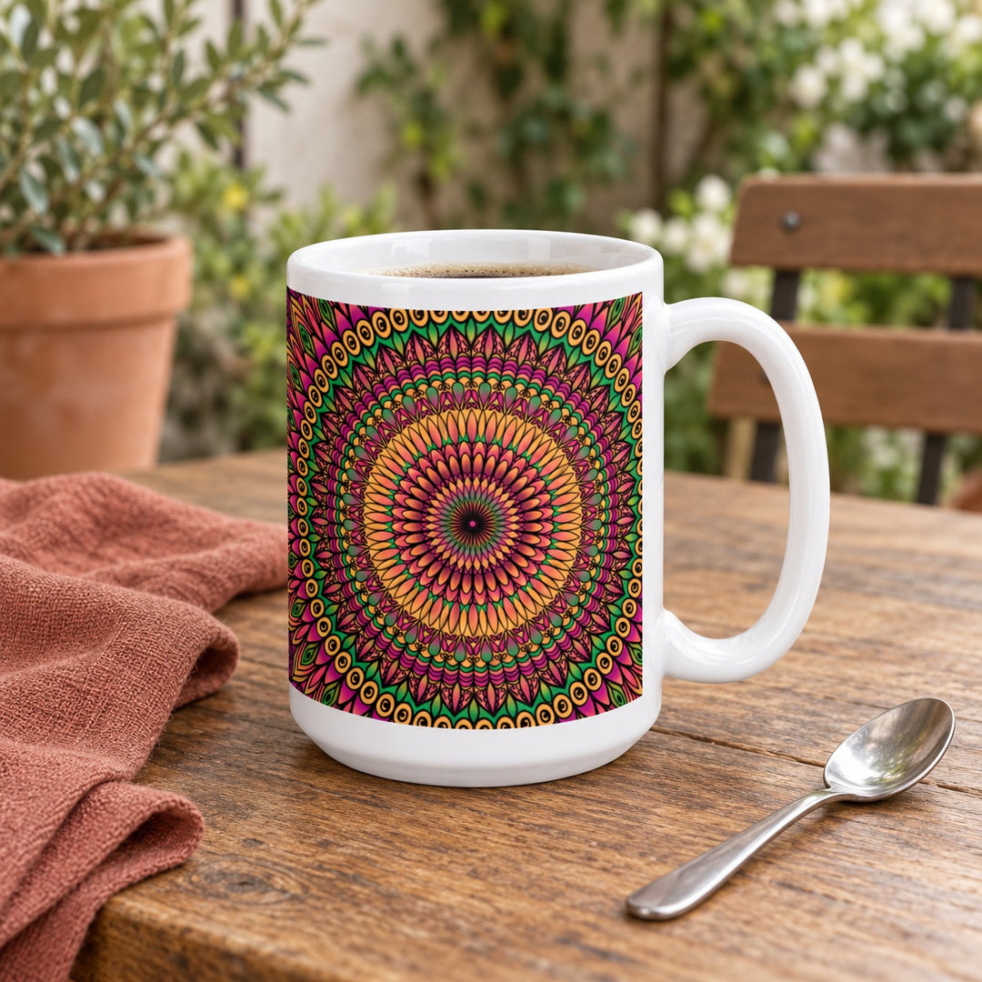 15 oz white ceramic mug with orange, pink and green floral mandala on a wooden courtyard table with a terracotta napkin.