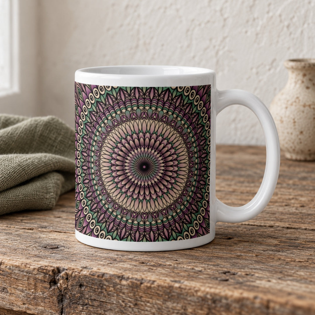 Purple mug with green and beige mandala design 11 oz lifestyle photo in a rustic brocante setting