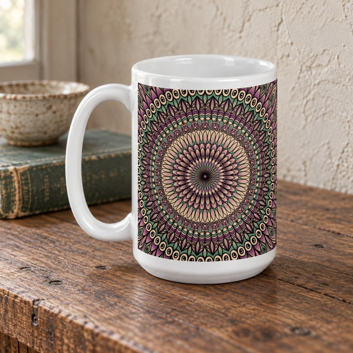 Purple mug with green and beige mandala design 15 oz lifestyle photo in a rustic brocante setting