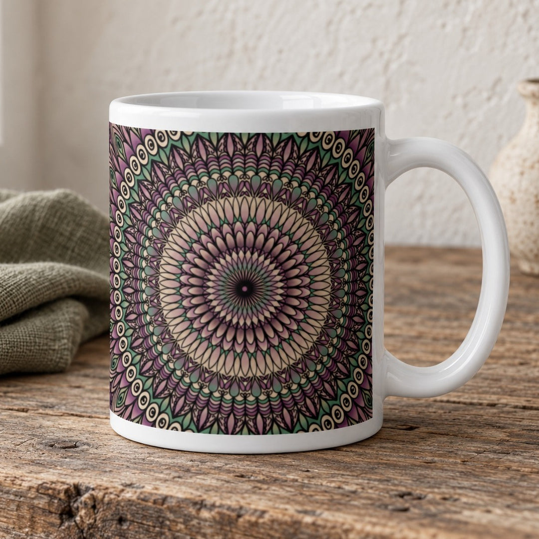Purple mug with green and beige mandala design close-up lifestyle photo on a rustic wooden table