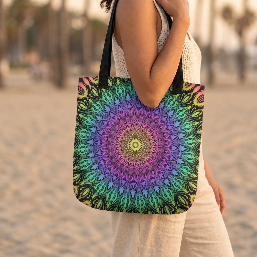 Colorful tote bag with vibrant multicolor mandala boho design