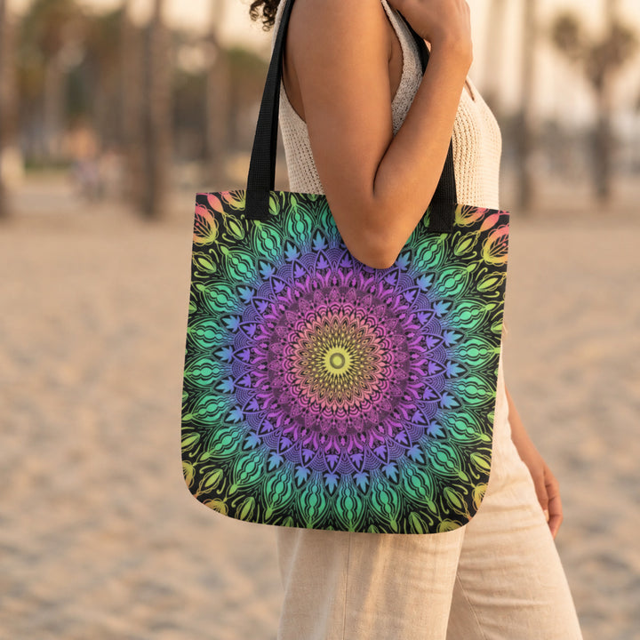 Colorful tote bag with vibrant multicolor mandala boho design