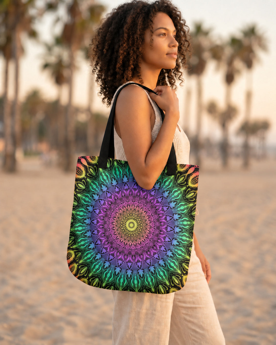 Colorful multicolor mandala tote bag worn by a woman on a beach