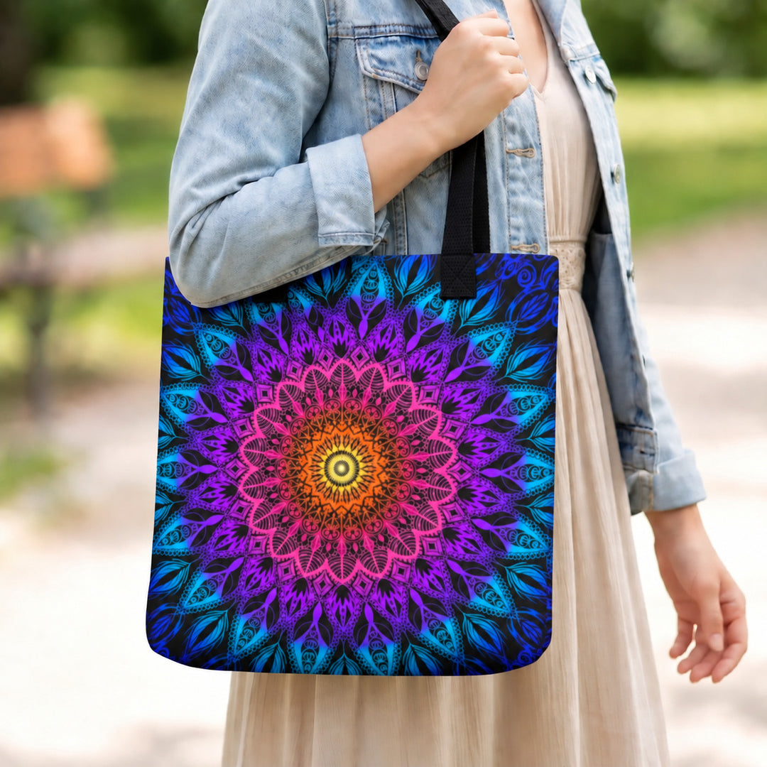 Orange tote bag with pink purple and blue mandala print