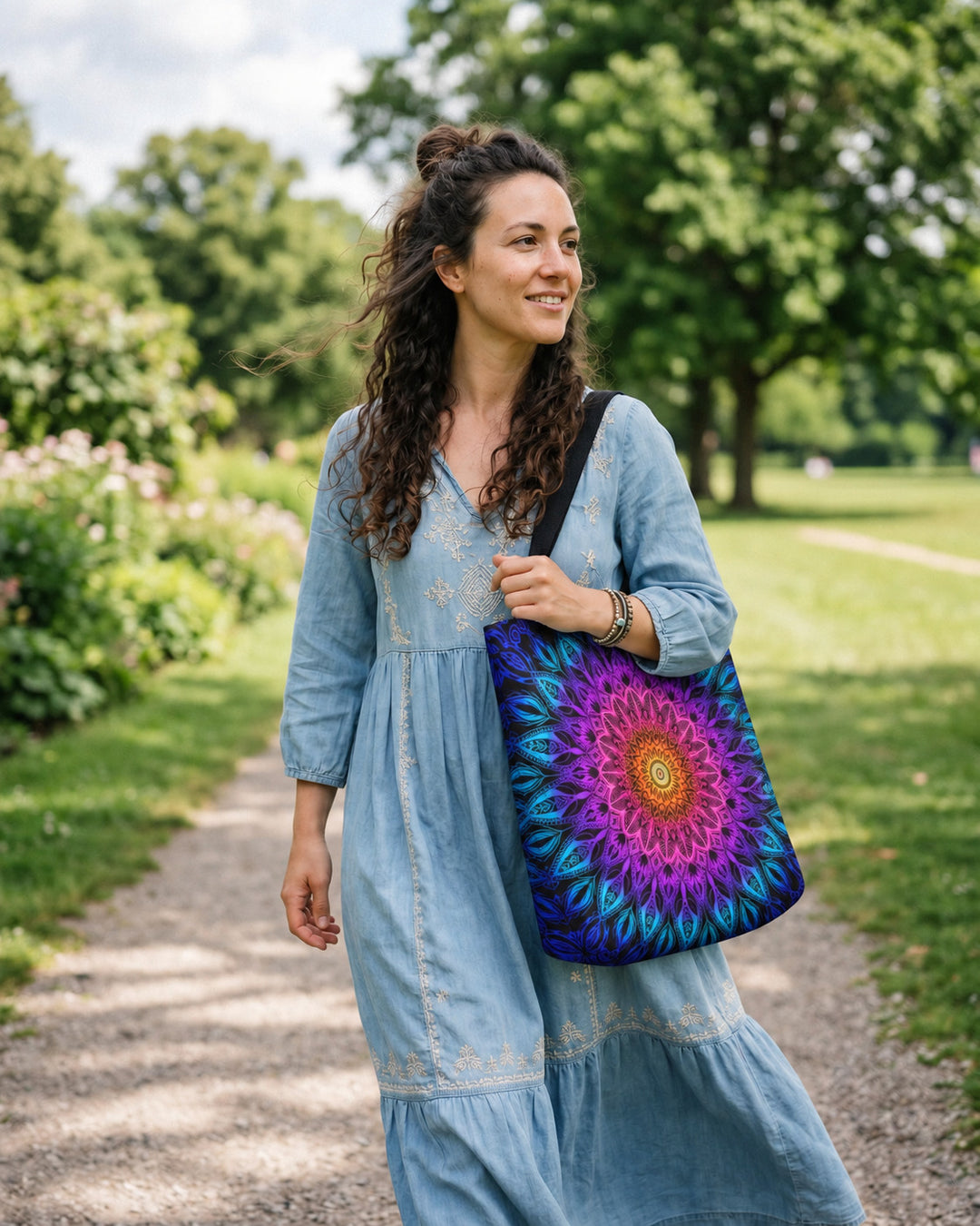 Colorful orange pink purple and blue mandala tote bag worn by a woman in a park
